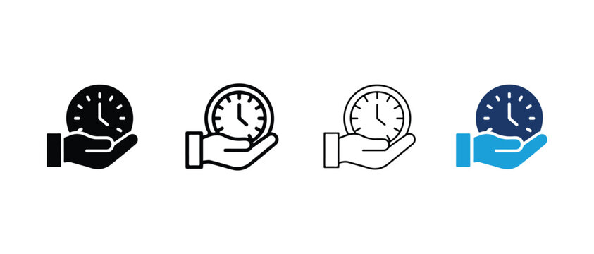 Hand holding clock icons in different styles representing time management and productivity concepts isolated on transparent background