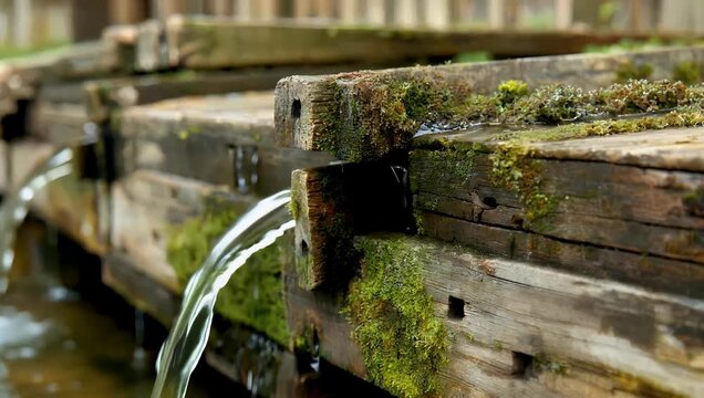 Detailed 4K macro footage of an antique wooden water sluice flume showcasing wet timber grain covered with green aquatic moss slimy river algae and organic decay under bright outdoor daylight