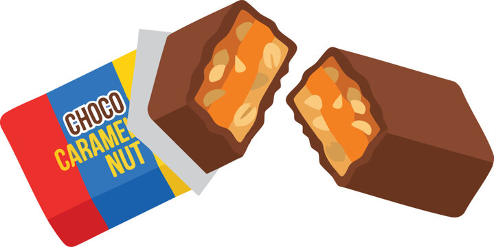 A tasty sweet treat featuring milk chocolate and golden flowing caramel with crunchy roasted nuts inside a brightly colored paper wrapper that is partially opened to reveal the delicious snack