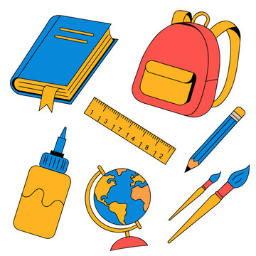 School Stationery, equipment for study. Back to School. Supplies for learning, books, ruler, globe, glue, brushes, backpack, ruler, pencil. Vector illustration isolated