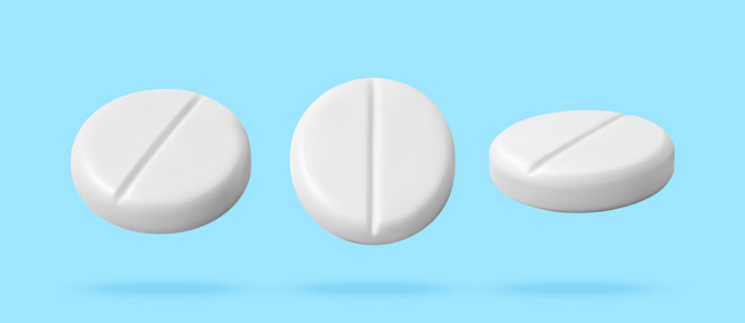 White medical pills isolated on blue background. 3d vector illustration of pharmaceutical tablets. Health care and medication concept for drugstore, hospital and pharmacy marketing.