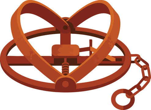 Rusty antique metal bear trap with heavy chain link fastener represents dangerous hunting equipment used for capturing wild forest animals within old wilderness environments during historic