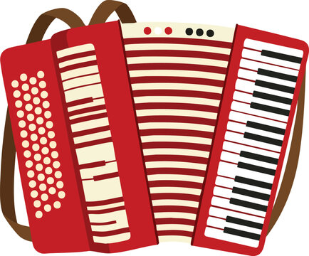Classic red accordion musical instrument featuring a piano keyboard interface with bellows for playing traditional european folk songs during festive live performances and street music