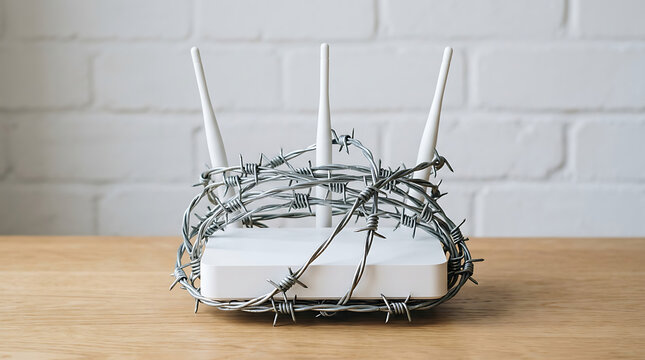 White wireless router wrapped in barbed wire for internet security and restricted network access