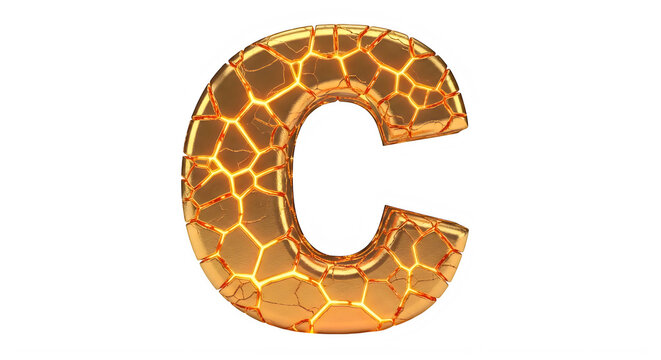 Golden letter C with glowing cracks isolated on transparent background transparent background