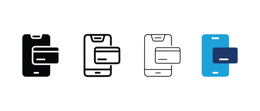 diverse icon representations for mobile payment transactions featuring a smartphone and a credit card in solid filled black outline and colorful variations for versatile digital design needs