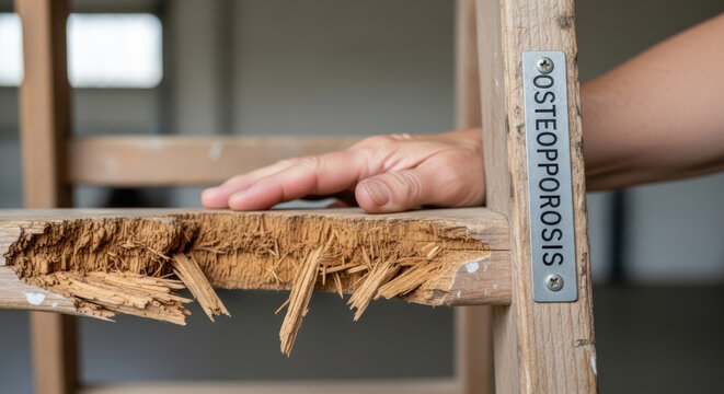 Fragile wood chair with hand and osteoporosis label symbolizing weak bone health