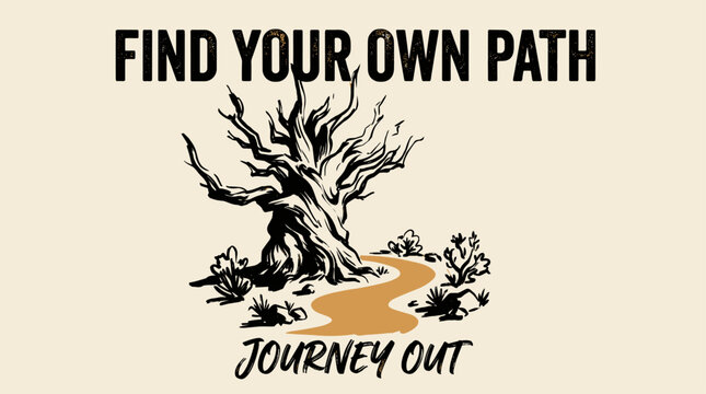 Find your own path. Journey out vintage print design for t shirt. Desert adventure artwork. Nature trail graphic.. Explore more. Wilderness tree vinta