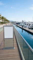 Fototapeta premium Blank Information Board Mockup on Luxury Marina Walkway with Yachts and Waterfront Promenade