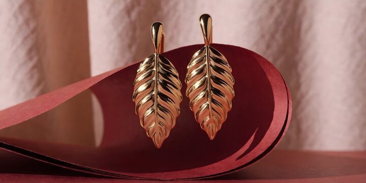 Gold leaf drop earrings on sculptural red display, contemporary luxury jewelry