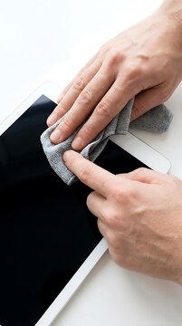 Hands cleaning tablet screen with microfiber cloth