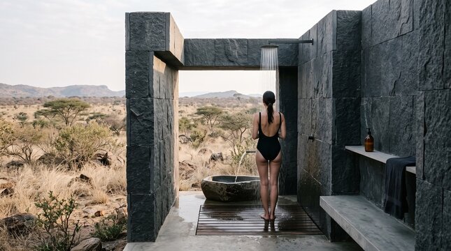 Woman Showering Outdoors in Desert Landscape