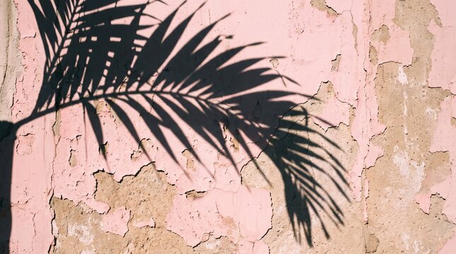 Palm Leaf Shadow on Weathered Pink Wall