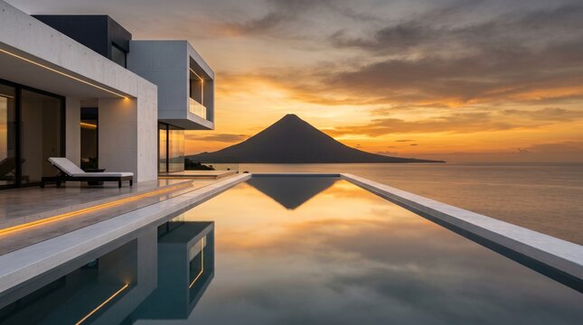 Modern Luxury Villa with Infinity Pool Overlooking Volcano at Sunset
