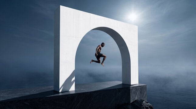 Athletic Man Jumping Through White Archway Against Sky