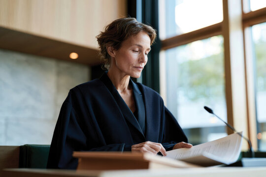 A female judge in elegant robes finds a quiet moment to read an important document at her desk, showcasing the concentration and dedication required in the legal profession.