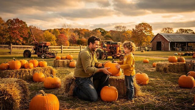 Father and Son Selecting Pumpkins at a Farm During Autumn.