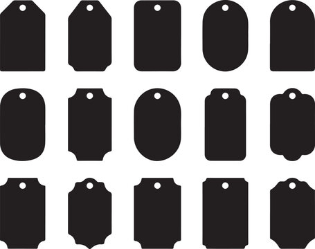Black price tag silhouettes, 15 blank hanging gift labels, minimalist product swing tags for retail and branding, flat vector paper labels