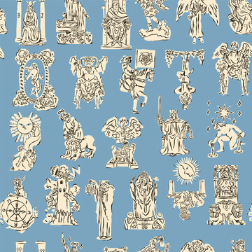 Tarot Cards deck. Major arcana. Unique black white style. Hand drawn Vector illustration. Pack of spiritual signs. Occult, alchemy, esoteric, magic mystery, prediction concept. Square seamless Pattern