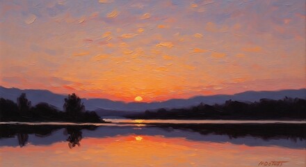 Fototapeta premium Vibrant Sunset Over Calm Lake with Silhouetted Trees