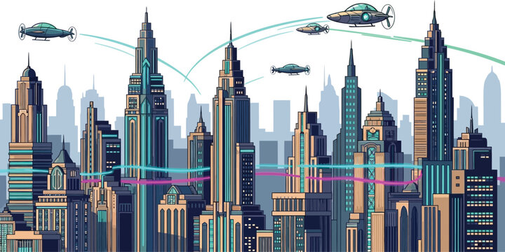 Retro Futuristic Cityscape with Flying Cars and Neon Lights - Pixel Art