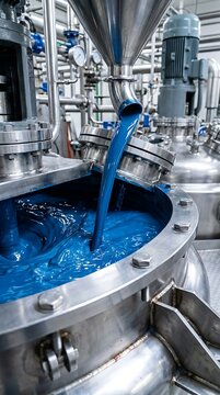 Blue liquid pouring into industrial stainless steel vessel