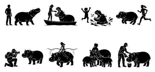 Naklejka premium Hipopotam vector silhouette animal human interaction set. Black shape illustration of people feeding, taking photo, running and tourist observing hippopotamus.