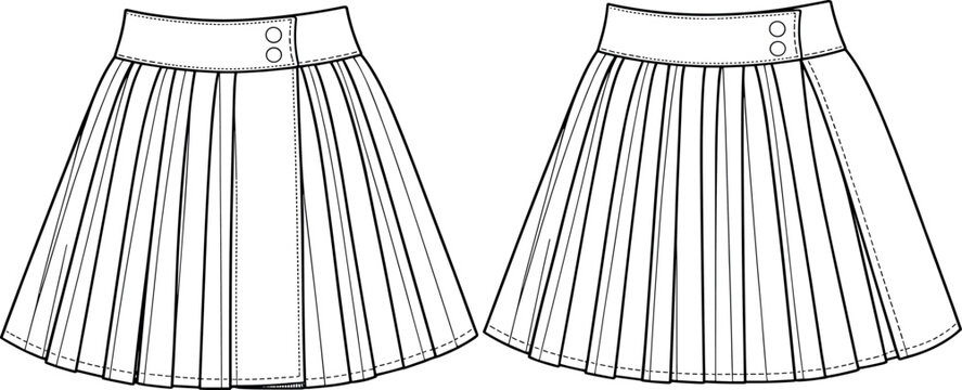 Women's white pleated wrap mini skirt vector technical sketch, high waisted school uniform skirt fashion flat template, short kilt bottom mockup for designArt & Illustration