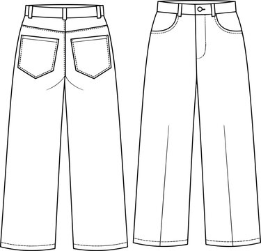Women's Wide Leg Denim Jeans Technical Flat Sketch Vector Illustration with Front Pockets and Back Patch Pockets for Fashion Design and ProductionArt & Illustration
