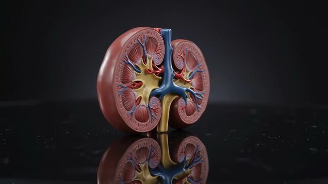 Anatomical human kidney model rotating to show internal structures