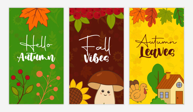 Autumn story instagram post templates with fall foliage and seasonal elements