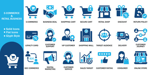 E-commerce and retail business solid icon set with shopping cart digital store delivery and customer support elements. Vector illustration of abstract consumer loyalty card target audience collection. © Iconsetpro