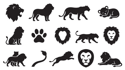 Naklejka premium Minimalist lion silhouette collection, 14 black wild cat icons, predatory animal vector set for logo design and branding