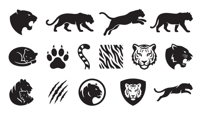 Black tiger and panther silhouettes, 15 wild cat icons and predator symbols, feline mascot logos and animal paw print vector set