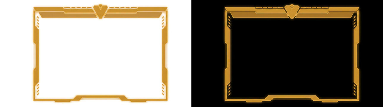 Futuristic gaming overlay effect with glowing gold rectangular screen border frame used in PNG, Transparent and Black Background Versions for streaming design projects