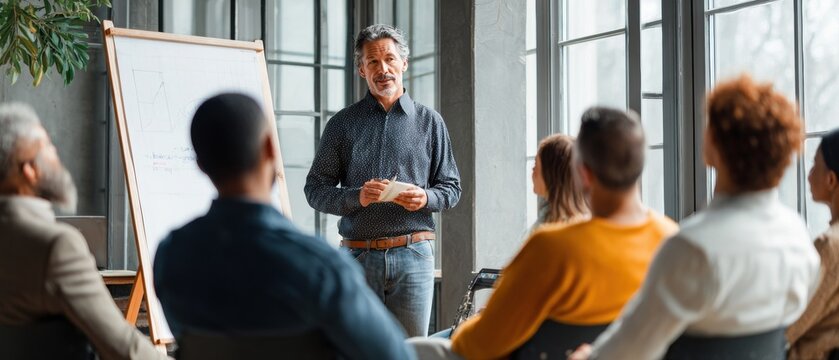 Man employee explaining strategy to coworker during business meeting in office. Caucasian mentor leading team, conference, educational workshop, lecture, group discussion, corporate workshop.