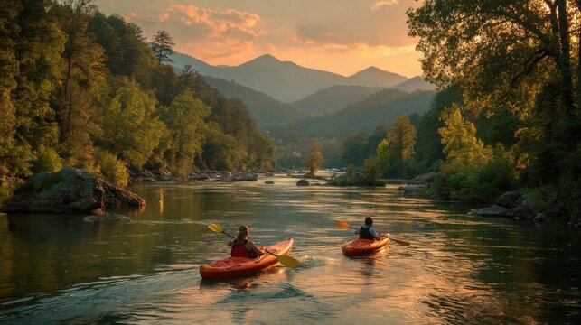 People kayak on a river surrounded by mountains during sunset in a natural landscape setting