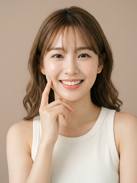 Beautiful young asian woman with glowing skin and brown hair smiling brightly while touching her soft cheek against a simple solid light brown studio background
