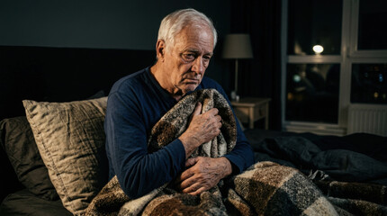 Obraz premium Senior Man Feeling Cold And Uneasy In Bed At Night