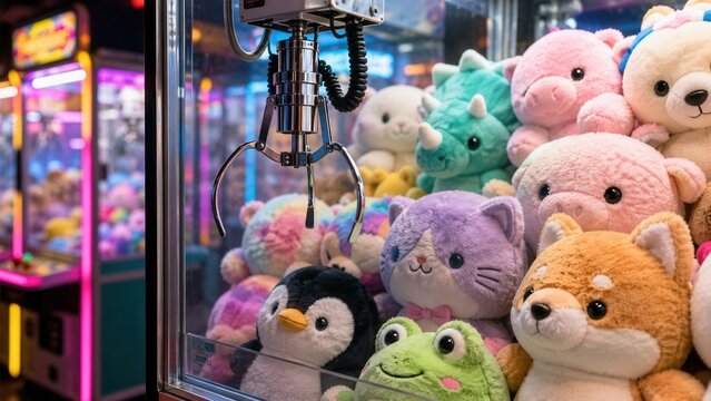 Colorful claw machine filled with plush toys in arcade game center entertainment attraction scene