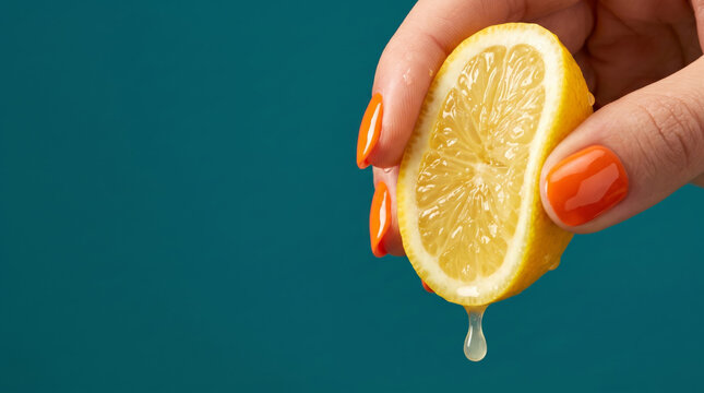 Fingers with tangerine nail polish squeezing a fresh lemon wedge on a dark teal background for premium beverage advertising