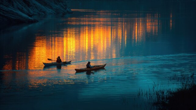 Kayakers paddle on a river during twilight with reflections of light and trees on the water