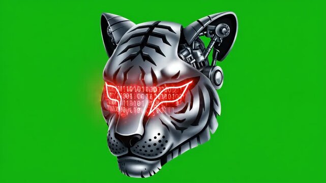 Metallic Tiger Head with Red Glowing Eyes on Green Screen Background Cinematic Motion