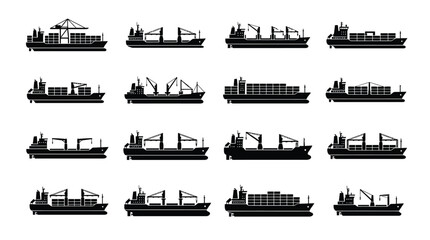 Fototapeta premium Cargo Ship Silhouette Icon Set. Container Ship, Freight Vessel, Cargo Transport and Maritime Shipping Vector Collection