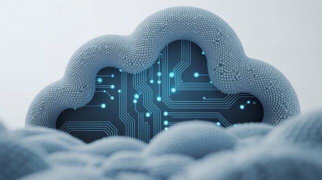 Stylized cloud with glowing circuit board pattern symbolizing digital data storage technology connectivity and modern cloud computing