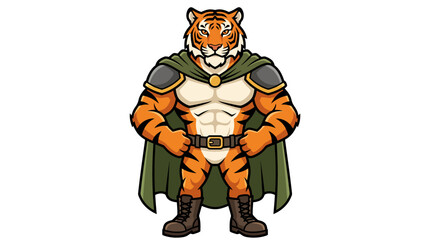Obraz premium Powerful tiger hero mascot wearing a green cape and shoulder armor