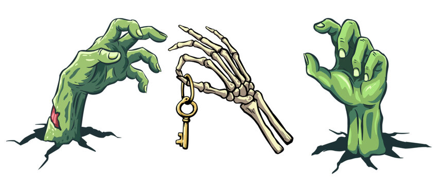 Green zombie hands rising from the ground and skeleton hand holding a key set, creepy monster elements isolated on white background
