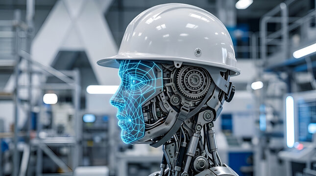 Advanced Humanoid Robot Wearing Safety Helmet Working in Modern Automated Industrial Factory Setting for Digital Manufacturing