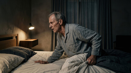 Obraz premium Senior Man Wakes Up In A Dark Bedroom To A Mystery Sound