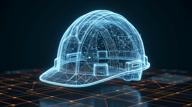 Futuristic Digital Hard Hat Hologram Concept for Construction Safety and Industrial Engineering Technology